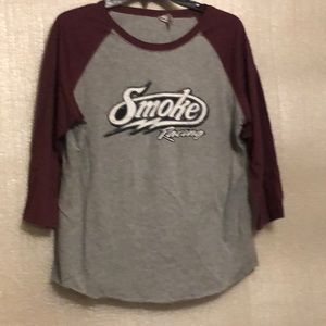 Womens size XL, Smoke Racing 3/4 sleeves t-shirt, burgundy and gray